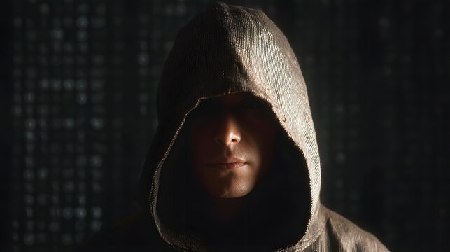 A mysterious hooded figure emerges from shadows against a digital binary code background