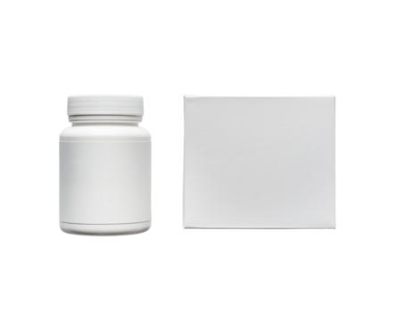 Plain white plastic bottle and packaging box mock-up template isolated on transparent background