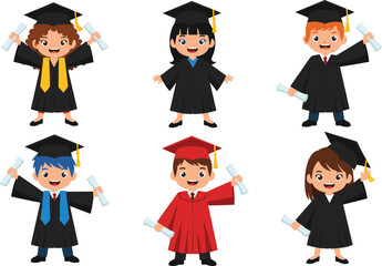 Cartoon graduates holding diplomas, diverse students in cap and gown, academic achievement, graduation ceremony vector, education milestone, celebration illustration