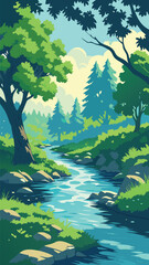 Forest stream with sunlight and lush green trees