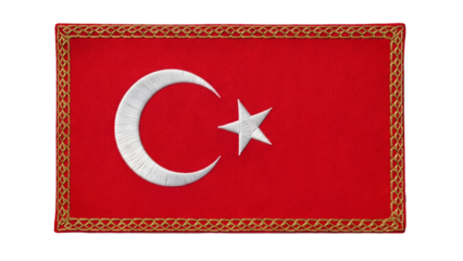 Embroidered national emblem featuring a white crescent and star on a richly textured red fabric patch with gold trim