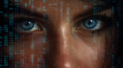 Close up of a woman s blue eyes overlaid with digital binary code conveying a futuristic and technological theme