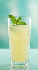 Fototapeta premium Tall glass of pale yellow beverage garnished with fresh green mint sprig sits on a light surface