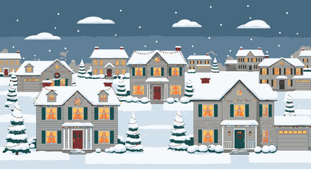 Pixel art illustration of a cozy suburban neighborhood covered in snow during the winter holidays.