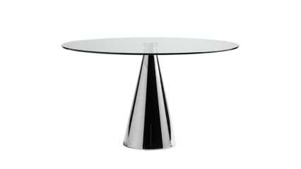 Contemporary round dining surface supported by a sleek, conical metallic pedestal base