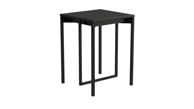 Modern square occasional table features minimalist dark metal framing against a stark black background