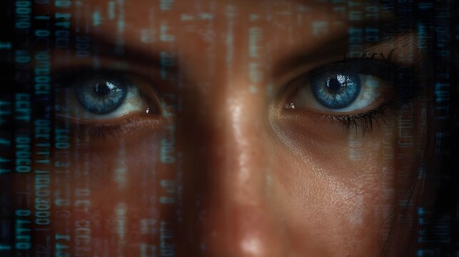 Close up of a woman s blue eyes overlaid with digital binary code conveying a futuristic and technological theme