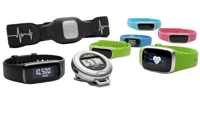 Assortment of fitness tracking gadgets and personal health monitors displayed against a dark background