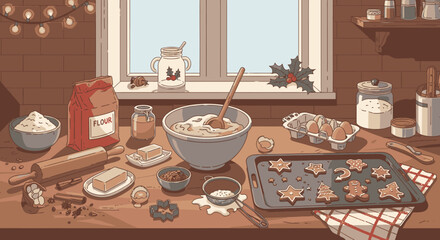 Baking Christmas cookies: ingredients and cookies on a baking sheet, kitchen scene.