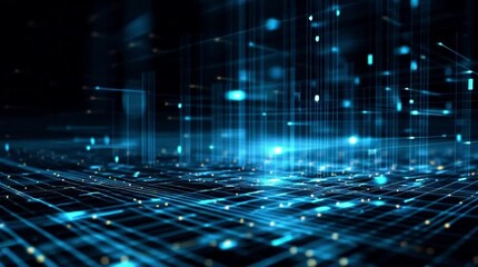 Dynamic digital network pulsing with data flow, representing futuristic technology and global connectivity in a vibrant blue abstract background. - Powered by Adobe