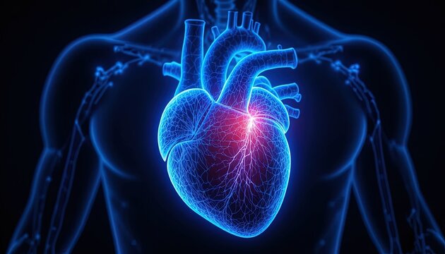 Striking X-Ray of human heart with glowing arteries for medical research, educational materials, and healthcare marketing campaigns to convey vital health