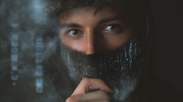 Anonymous figure wearing a binary code mask gazes forward amidst digital smoke and code
