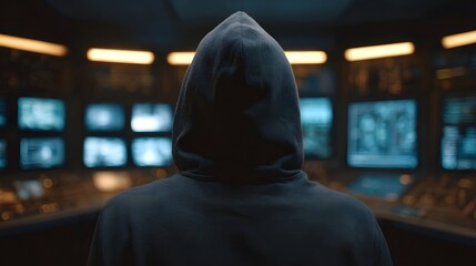 A person in a hoodie stands before a room of glowing computer monitors in a dark high tech control center