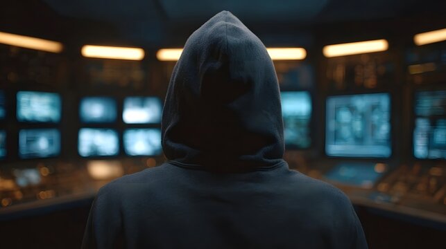 A person in a hoodie stands before a room of glowing computer monitors in a dark high tech control center