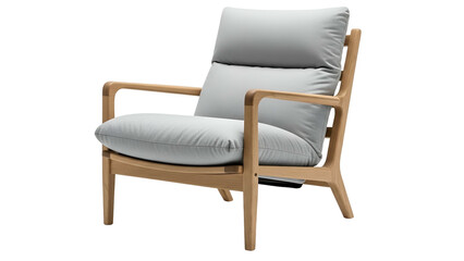 Modern wooden armchair features thick light gray upholstery isolated on a dark background