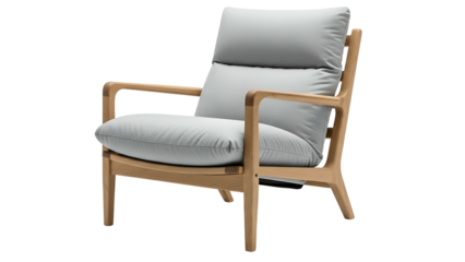 Modern wooden armchair features thick light gray upholstery isolated on a dark background