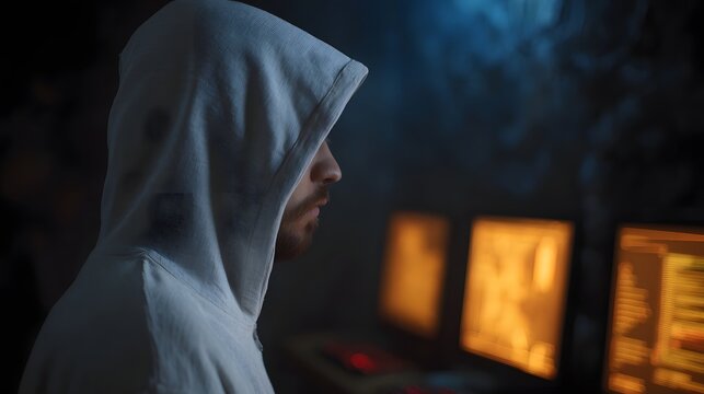 Mysterious hacker silhouette in a dark room intently focused on multiple glowing computer screens displaying lines of code and data visualizations