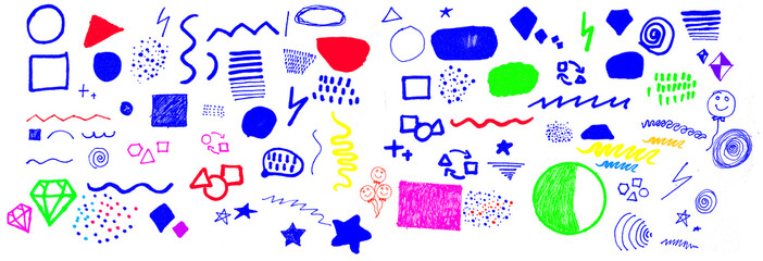 Funky crayon drawn geometric shapes and doodle lines. Colorful pencil or chalk drawn naive Swiss design aesthetic. Basic geometric shapes, dots, playful pattern, primitive forms and figures.