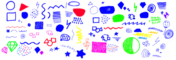 Funky crayon drawn geometric shapes and doodle lines. Colorful pencil or chalk drawn naive Swiss design aesthetic. Basic geometric shapes, dots, playful pattern, primitive forms and figures.