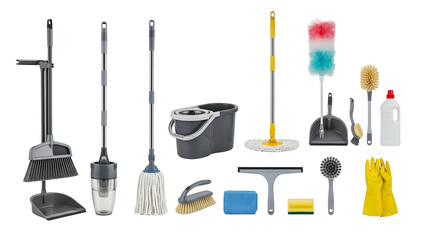 Naklejka premium Assortment of household cleaning implements and supplies displayed against a dark background