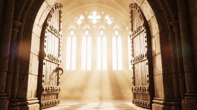 Old Wooden Doors Open to Bright Light and Window Inside Stone Building