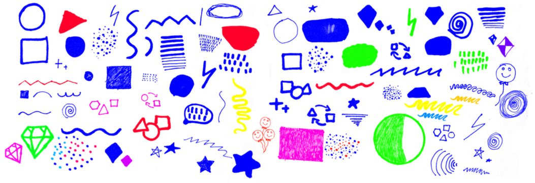 Funky crayon drawn geometric shapes and doodle lines. Colorful pencil or chalk drawn naive Swiss design aesthetic. Basic geometric shapes, dots, playful pattern, primitive forms and figures.