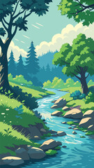 Forest stream with rocks and trees