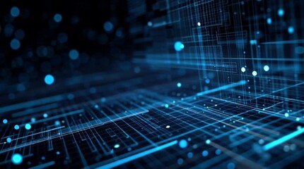 Dynamic abstract digital network pulsating with vibrant blue light data streams flowing through futuristic circuit board pathways - Powered by Adobe