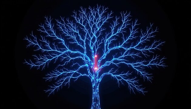 Striking glowing tree illustration against black background for technology concepts and digital arts projects, adding a touch of futuristic elegance - Powered by Adobe
