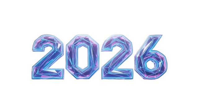 Illuminated crystalline numerals represent the year two thousand twenty six against a dark background