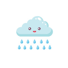 A charming cartoon cloud with rain drops, perfect for weather-themed projects or adding a touch of whimsy. The blue cloud is smiling, and it's raining