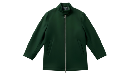 Solid colored outerwear garment with zipper closure displayed against a black background