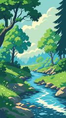 Forest stream landscape with lush trees and sky
