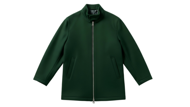 Solid colored outerwear garment with zipper closure displayed against a black background