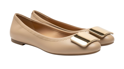 Pair of simple beige leather flat shoes with shiny metallic buckles rests against a solid black background