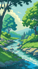 Forest stream flowing through lush green landscape