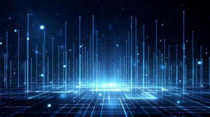 Dynamic digital data stream pulsing with bright blue light and glowing particles in a futuristic cyberspace network - Powered by Adobe