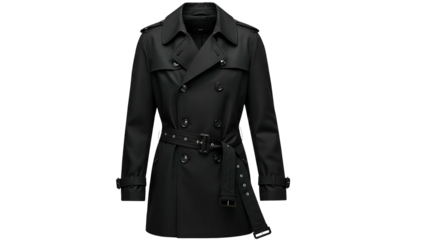 Classic double breasted outerwear garment displayed against a solid dark background