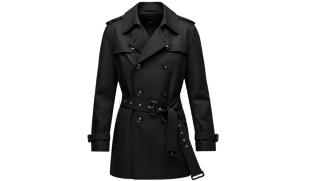 Classic double breasted outerwear garment displayed against a solid dark background