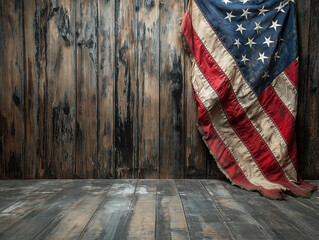 Antique Wooden Fence with a Faded USA Flag Draped Over It