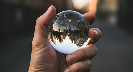Cityscape reflected in crystal ball held in hand showcasing urban landscape and architectural view