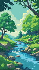 Forest stream flowing through lush green landscape