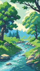 Forest stream with rocks and trees landscape