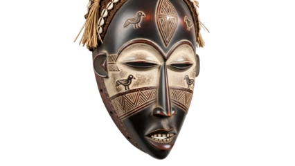 Ornate wooden ceremonial face covering displays intricate carvings and attached adornments against a solid dark backdrop