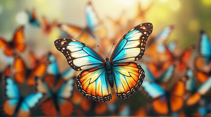 Colorful monarch butterfly insect on an orange flower in a summer garden with black and white wings close-up