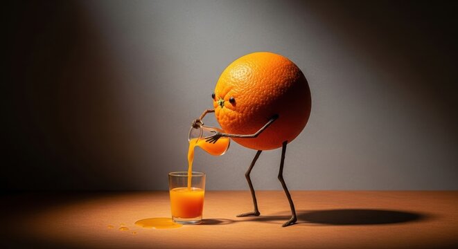 Funny orange character squeezing itself into a glass of juice