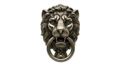 Metallic lion head door knocker features detailed mane and ring against a dark background