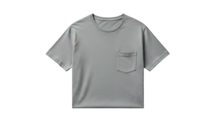Plain light gray crew neck garment featuring a single chest pocket is isolated on a dark background