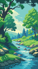 Forest stream flowing through lush green landscape