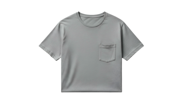 Plain light gray crew neck garment featuring a single chest pocket is isolated on a dark background